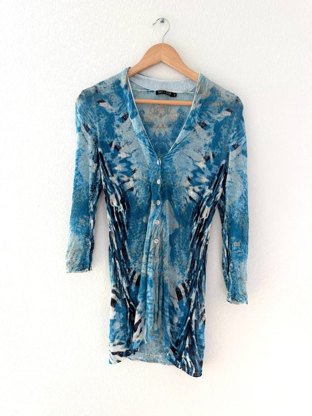Nic + Zoe Blue Abstract Linen Blend Sheer Button Front Tunic Cardigan XS